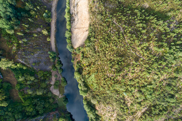 zenithal aerial view of a mountain river canyon