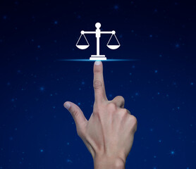 Wall Mural - Hand pressing law flat icon over fantasy night sky and moon, Business legal service concept