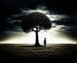 Lonely dark figure near dark tree, loneliness concept, AI generated