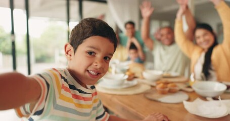 Canvas Print - Breakfast, selfie and smile with big family at table for food, social media and celebration. Happy, brunch and love with portrait of child at dining room for morning, lunch and profile picture