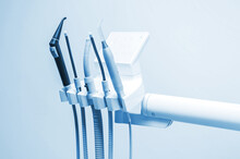 Dental Equipment. Closeup Photo Of Dental Handpieces . Dental Drills In Dentists Office