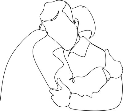 Continuous line drawings of cheerful friends hugging each other. Two young guys are hugging each other. Feel happy, friends meet with hugs, continuous line drawing of a couple in love