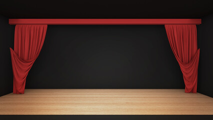 Poster - wood pedestal on a black background with red curtains,mock up podium for product presentation,3d rendering