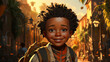 Happy african american boy smiling in the city, illustration. Watercolor closeup Portrait of a happy African kid standing on a street. Art of a male African pre-teen with perfect white teeth closeup.