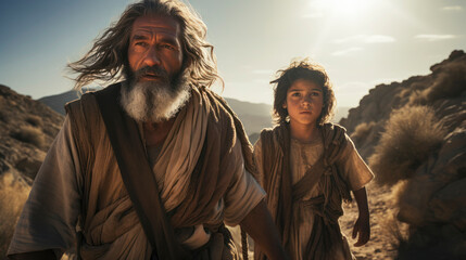 portrait of abraham hiking up a mountain with his son isaac.