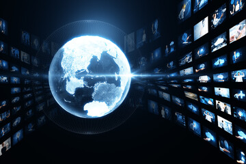 Aufkleber - Creative glowing polygonal globe with rows of images on dark wallpaper. Connecting businesspeople, video conference concept.