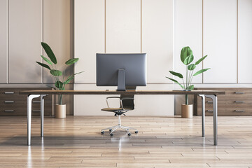 Poster - Contemporary office interior with wooden flooring, furniture, equipment and daylight. 3D Rendering.