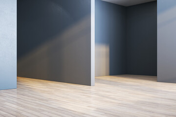 Aufkleber - New dark concrete geometric interior with mock up place on walls and wooden flooring. Exhibition, gallery and layout concept. 3D Rendering.