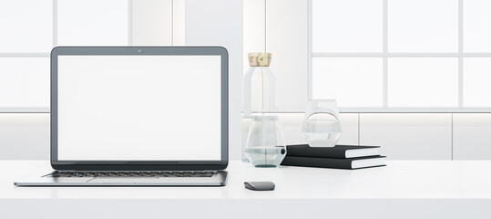 Aufkleber - Close up of wide white office desktop with empty laptop screen, supplies and other objects. Blurry concrete wall and window with city view in the background. Mock up, 3D Rendering.