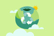 Recycling symbol with Earth globe on green background. Recycle icon, Ecology and environment concept. Vector illustration.