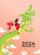Chinese new year 2024 card illustration child and dragon. Child riding asian flying dragon.