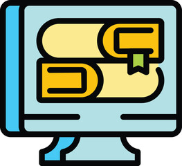 Sticker - Online library icon outline vector. Child study. Help homework color flat