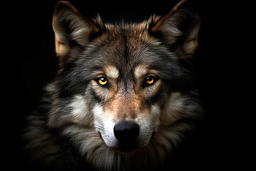  Adult wolf on black background. Generative AI.