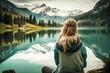 © Clàudia Ayuso - Blonde woman sitting in front of a Swiss lake landscape. Travel and adventure.