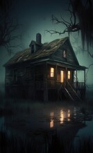 Generative AI Illustration Of Scary House On Swamps, Generative AI