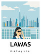 Lawas: Flat design tourism poster with a cityscape of Lawas (Malaysia)