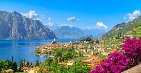 Wall Mural - landscape with malcesine town, garda lake, italy