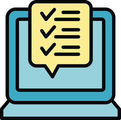 Sticker - Laptop online study icon outline vector. Exam test. Computer school color flat