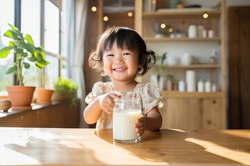 Portrait of an Asian little cute kid drinking milk from a glass with a smile.