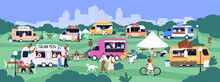 Street Food Festival In City Park. Trucks, Mobile Cafes In Auto, Vans With Takeaway Snacks. People At Public Fair With Car Kiosks On Summer Holiday. Urban Fest Panorama. Flat Vector Illustration