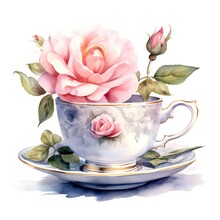 Gorgeous Fancy Hand Painted Porcelain Tea Cup With Roses, Vintage Botanical Art, Detailed Watercolor Illustration, Sublime, Dreamy, Soft, Pastel, Sharp Detail, Isolated On White Background