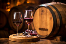 A Glass Of Red Wine With Grapes And An Old Wine Barrel. AI Generation