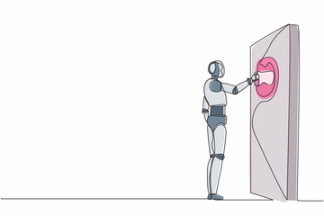 Poster - Single one line drawing robot is painting abstract picture on the wall. Future technology development. Artificial intelligence and machine learning. Continuous line design graphic vector illustration