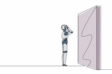 Poster - Single one line drawing robot standing and confused in front of huge brick wall barriers. Future technology. Artificial intelligence machine learning. Continuous line draw design vector illustration