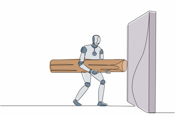 Poster - Single one line drawing robot holding large log to destroying wall. Future technology development. Artificial intelligence and machine learning process. Continuous line draw design vector illustration