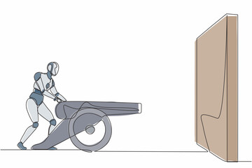 Poster - Single one line drawing robot ignites cannon in front of wall and want to destroy. Future technology. Artificial intelligence and machine learning. Continuous line graphic design vector illustration