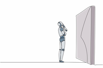 Poster - Single continuous line drawing robot thinking in front of big obstacle or wall. Modern robotic artificial intelligence. Electronic technology industry. One line draw graphic design vector illustration
