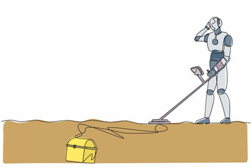 Poster - single continuous line drawing robot with metal detector looking for chest treasure. robotic artific