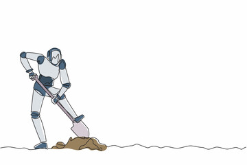 Poster - Continuous one line drawing robot step on shovel and digging in dirt to find chest treasure. Humanoid robot cybernetic organism. Future robotics development. Single line design vector illustration