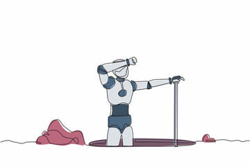 Poster - Single one line drawing robot wipes sweat on his forehead while digging hole. Future technology development. Artificial intelligence machine learning. Continuous line draw design vector illustration