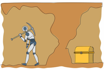 Wall Mural - Continuous one line drawing robot gives up digging not knowing treasure chest is almost revealed. Humanoid robot cybernetic organism. Future robotics. Single line design vector graphic illustration