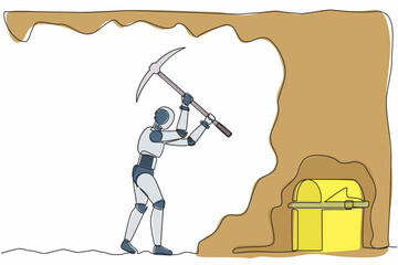 Poster - Single one line drawing robot digging with pickaxe looking for hidden treasures. Future technology. Artificial intelligence machine learning. Continuous line draw design graphic vector illustration