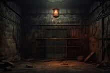 A Dark Room In Prison With A Single Lantern Hanging From The Ceiling, Casting Eerie Shadows On The Walls.