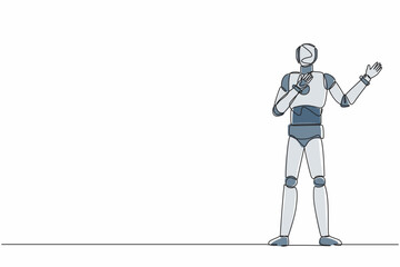 Poster - Single continuous line drawing robot pointing away hands together and showing or presenting something. Robotic artificial intelligence. Electronic technology. One line draw design vector illustration
