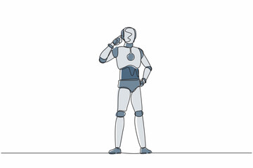 Poster - Continuous one line drawing smart robot pointing his head, thinking something. Feeling optimistic, visionary about future. Humanoid robot cybernetic organism. Single line design vector illustration