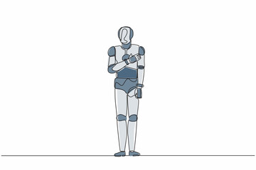 Poster - Single one line drawing robot keeping hands on chest. Smiling friendly robot expressing gratitude. Artificial intelligence and machine learning processes. Continuous line design vector illustration