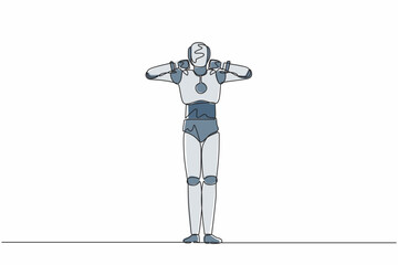 Poster - Continuous one line drawing robot showing thumbs down sign gesture. Dislike, disagree, disappointment, disapprove, no deal. Humanoid robot cybernetic organism. Single line design vector illustration