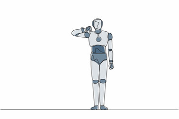 Poster - Single continuous line drawing robot showing thumbs down sign gesture. Dislike, disagree, disappointment, disapprove, no deal. Robotic artificial intelligence. One line draw design vector illustration