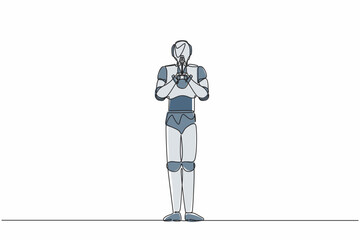 Poster - single continuous line drawing robot holding palms in prayer. robot emotion, body language gesture. 