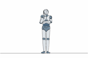 Poster - Single continuous line drawing robot bored or tired keeping hand on cheek. Robot suffering from toothache. Modern robotic artificial intelligence. One line draw graphic design vector illustration