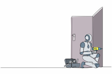 Poster - Single continuous line drawing robot repairman with special equipment, repair door element. Modern robotic artificial intelligence. Electronic technology industry. One line draw graphic design vector