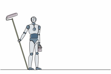 Poster - continuous one line drawing robot painter with bucket of paint and paint roller. humanoid robot cybe