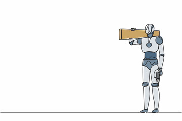 Poster - Continuous one line drawing robot repairman standing with board, tool box, and drill. Humanoid robot cybernetic organism. Future robotics development. Single line design vector graphic illustration