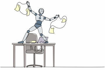 Poster - Single one line drawing happy robot dancing on desk celebrating win with throwing papers. Future technology. Artificial intelligence machine learning. Continuous line draw design vector illustration
