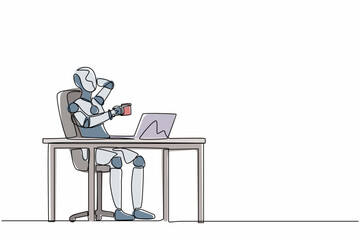 Fototapete - Continuous one line drawing robot relaxed at desk and drink cup of coffee. Humanoid robot cybernetic organism. Future robotics development concept. Single line draw design vector graphic illustration