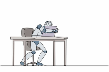 Poster - Single continuous line drawing robot sitting and hugging laptop at office. Modern robotic artificial intelligence. Electronic technology industry-. Dynamic one line graphic design vector illustration